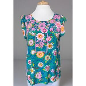 Savanna Jane Floral Embroidered Tunic Top Blouse Cap Sleeve Green Pink Lotus M